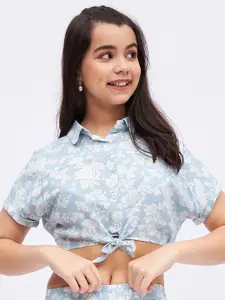 luyk Blue Floral Print Shirt Style Crop Top