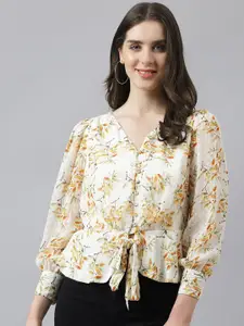 Latin Quarters Floral Printed V-Neck Puff Sleeve Waist Tie-Ups Top