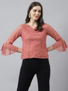 Latin Quarters Self Design Bell Sleeves Lace Top