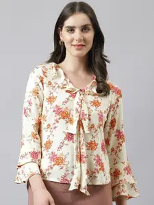 Latin Quarters Floral Print Tie-Up Neck Bell Sleeve Top