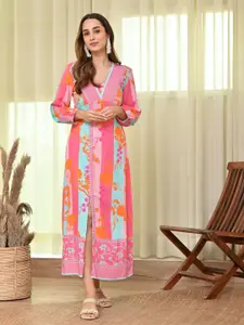 Rustorange Floral Printed Puff Sleeves Side Slit A-Line Ethnic Dress