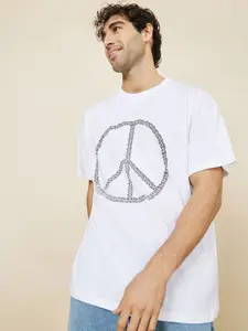 Styli Peace Printed Drop-Shoulder Sleeves Cotton Oversized T-shirt