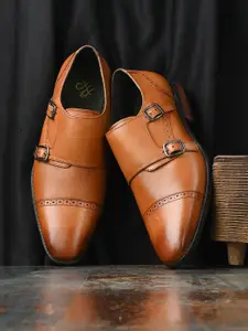 House of Pataudi Men Leather Double Buckle Formal Monk Shoes