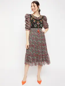 Antheaa Tie-Up Neck Floral Printed Embroidered Tiered Chiffon Fit & Flare Midi Dress