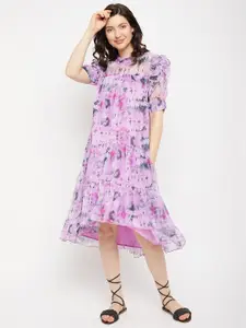 Antheaa Floral Printed Tiered Puff Sleeves A-Line Midi Dress