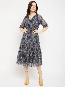 Antheaa V-Neck Floral Printed Tiered Chiffon Fit & Flare Midi Dress