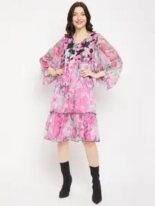 Antheaa Floral Print Bell Sleeve Chiffon A-Line Dress