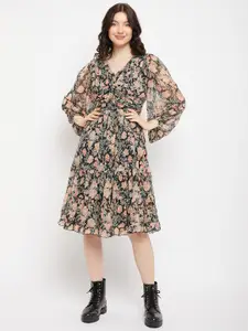 Antheaa Floral Printed Puff Sleeves Pleated Fit & Flare Dress