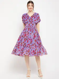 Antheaa Floral Printed Extended Sleeves Pleated Fit & Flare Dress