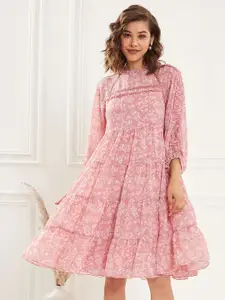 Antheaa Floral Printed Puff Sleeve Tiered Ruffles A-Line Dress