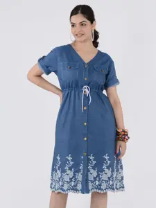 SUMAVI-FASHION Floral Embroidered Denim Fit & Flare Dress