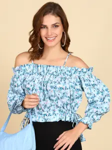 ZNX Clothing Floral Print Off-Shoulder Crepe Bardot Top