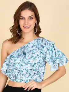 ZNX Clothing Ruffles Floral Print One Shoulder Flutter Sleeves Crop Top