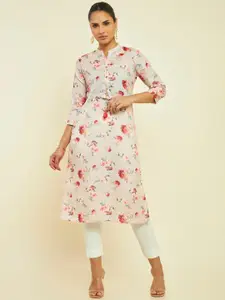 Soch Floral Printed Band Collar Linen Straight Kurta