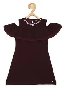 Allen Solly Junior Cold-Shoulder Sleeves Beads & Stones Detail A-Line Mini Dress
