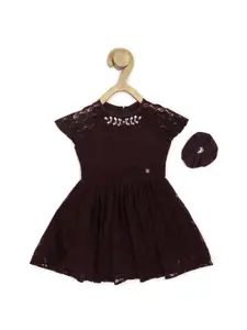 Allen Solly Junior Girls Self Design Embellished Lace Fit & Flare Dress With Scrunchie