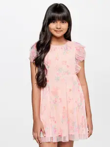AND Girls Floral Printed Flutter Sleeve Fit & Flare Dress