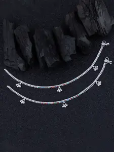 Silver Shine Set Of 2 Silver-Plated AD-Studded & Ghungroo Anklets