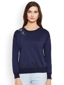 Belle Fille Women Navy Blue Solid Sweatshirt