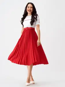 AASK Red Colourblocked Crepe Fit & Flare Midi Dress