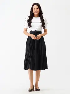 AASK Black Striped Crepe Fit & Flare Midi Dress