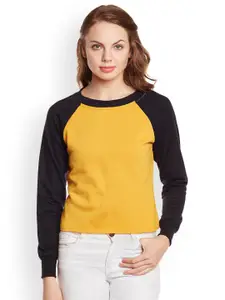 Belle Fille Women Mustard Yellow & Black Solid Sweatshirt