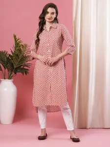 Globus Floral Printed Shirt Collar Pure Cotton Straight Kurta