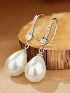 Peora Silver Plated & Pearl Studded Contemporary Drop Earrings