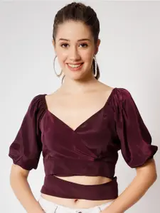 CHARMGAL Puff Sleeves Crepe Cut Out Wrap Crop Top