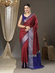 Saree mall Checked Woven Design Zari Taant Sarees