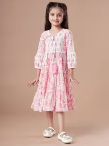pspeaches Girls Tiered Floral Print Tie-Up Neck A-Line Midi Cotton Dress