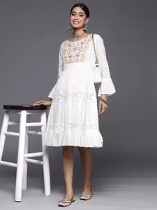 Libas Floral Embroidered Bell Sleeve Fit & Flare Cotton Midi Dress