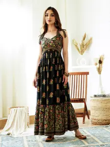 Rustorange Floral Print Shoulder Straps Maxi Ethnic Dress