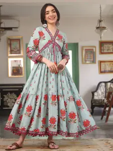 Rustorange V-Neck Tiered Floral Print Maxi Ethnic Dress