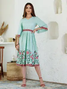 Rustorange Floral Print A-Line Dress