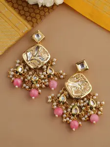 Shoshaa Gold-Plated Kundan-Studded & Beaded Geometric Drop Earrings