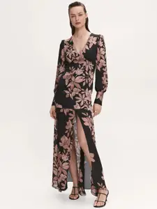 MANGO Floral Print Puff Sleeves Chiffon Semi-Sheer High-Slit Maxi Dress