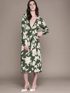 MANGO Floral Print Twisted Detail A-Line Midi Dress