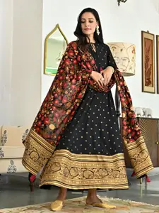 Rustorange Black Floral Print Maxi Dress With Dupatta