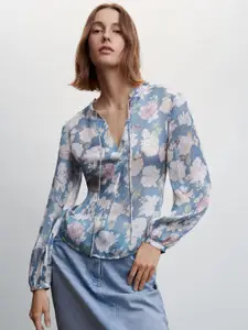 MANGO Floral Print Tie-Up Neck Puff Sleeve Top
