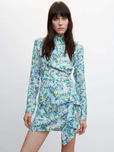 MANGO Floral Print Ruffled Sheath Mini Dress
