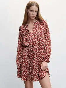 MANGO Floral Print Tie-Up Neck A-Line Dress