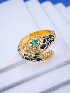 ZIVOM Gold-Plated Cubic Zirconia-Studded Snake Shaped Enameled Copper Finger Ring