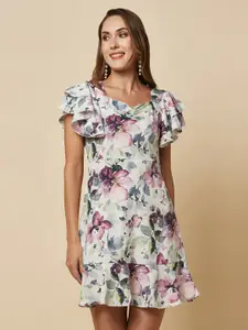 RAASSIO Floral Print Flutter Sleeve Fringed Crepe A-Line Dress