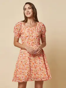 RAASSIO Floral Print Puff Sleeve Chiffon Fit & Flare Dress