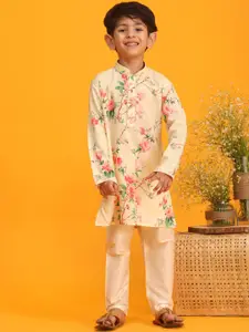 VASTRAMAY Boys Floral Printed Mandarin Collar Kurta With Pyjamas