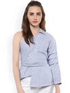 StyleStone Women White & Blue Striped Shirt Style One-Shoulder Pure Cotton Top