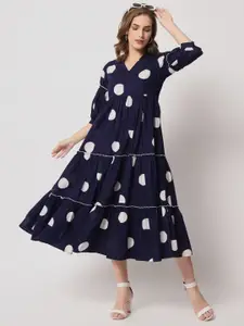 Lake Peace V-Neck Tiered Polka Dots Printed A-Line Midi Pure Cotton Dress
