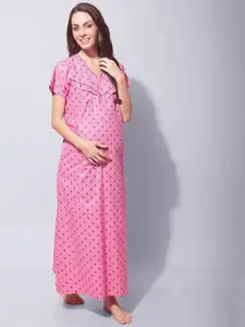 Secret Wish Maternity Floral Printed Pure Cotton Maxi Nightdress