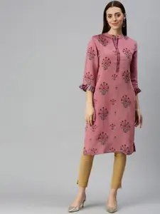 SHOWOFF Floral Printed Band Collar Beads and Stones Kurta